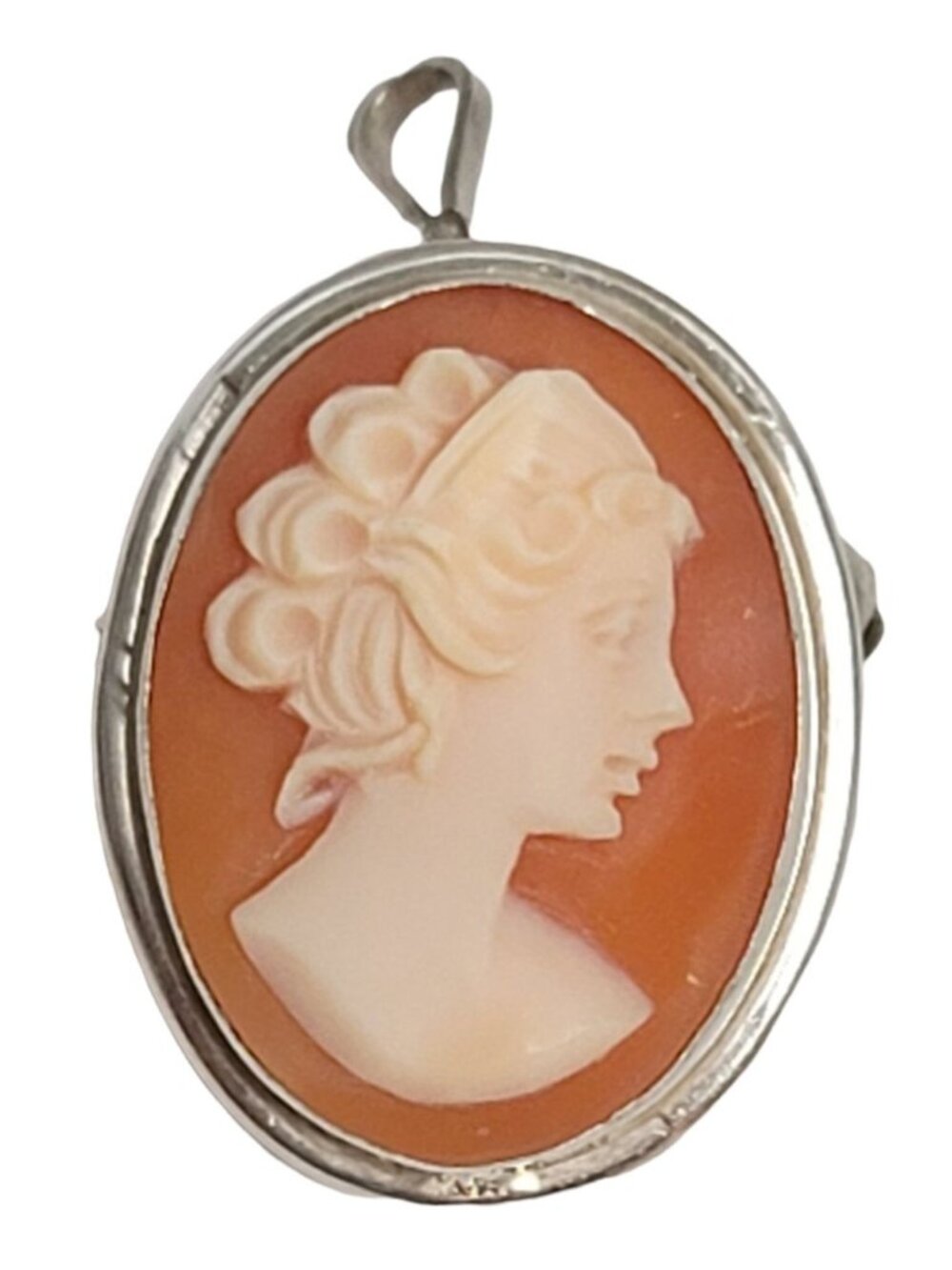 Silver Shell Cameo Brooch Pendant, Signed
